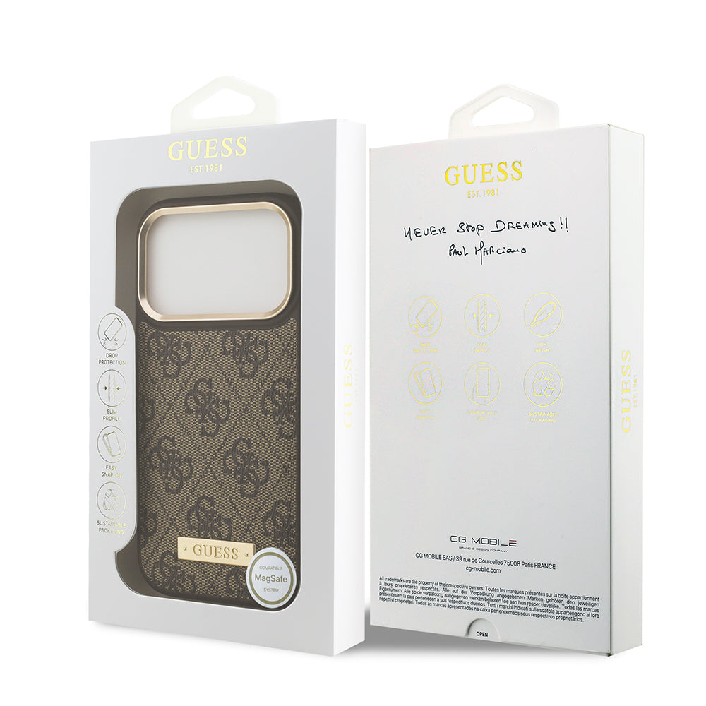 Guess iPhone 17 Pro Orjinal Lisanslı M-safe Şarj Özellikli 4G Desenli PU Metal Plaka Klasik Logolu Kılıf Guess iPhone 17 Pro Orjinal Lisanslı M-safe Şarj Özellikli 4G Desenli PU Metal Plaka Klasik Logolu Kılıf